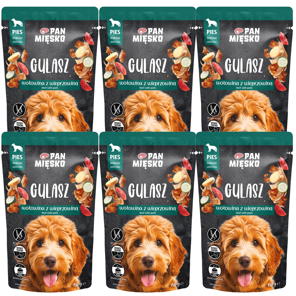 PAN MIĘSKO Gulasz Wołowina Wieprzowina 6x150g Karma Mokra dla Psów Dorosłych